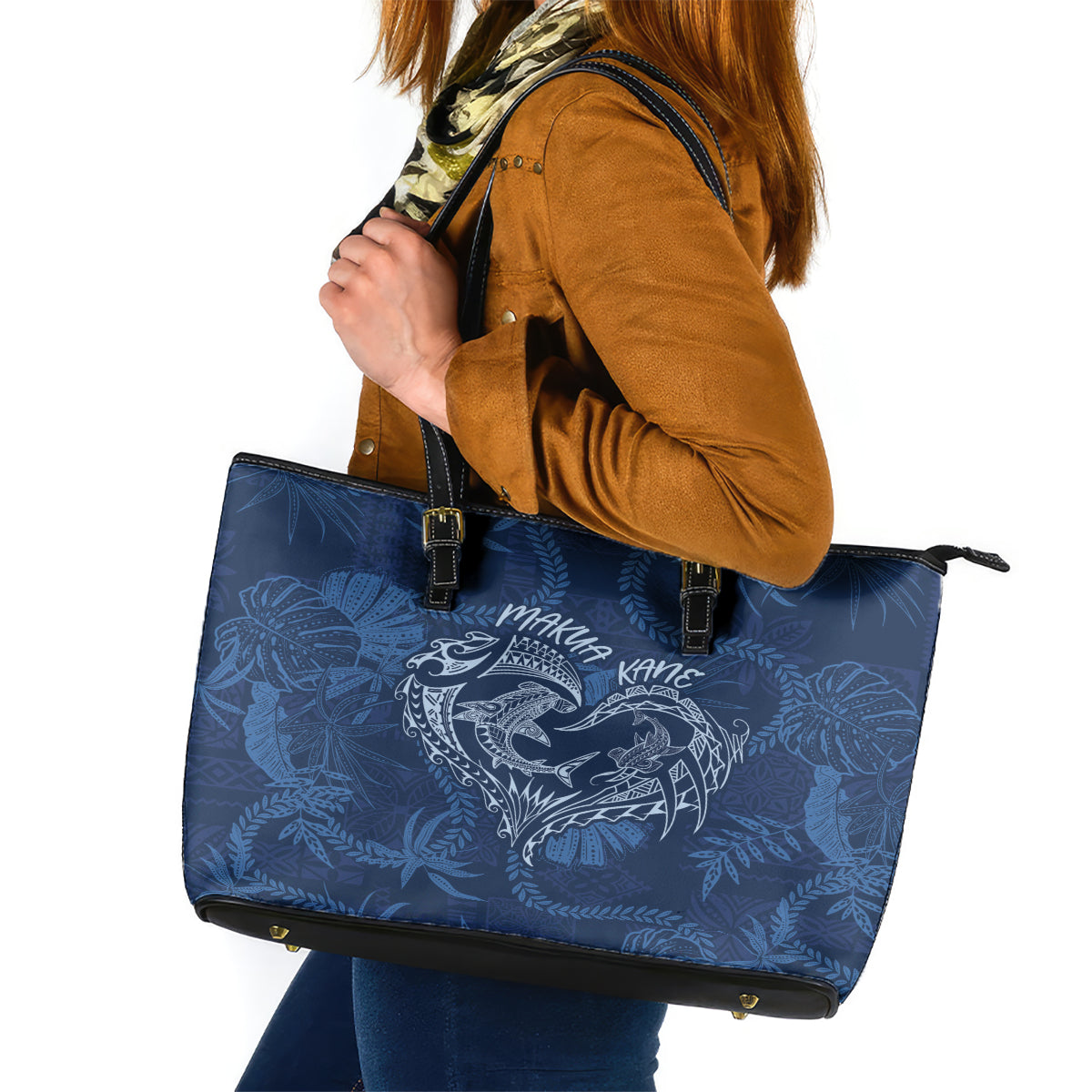 Hawaii Father's Day Vintage Lei Leather Tote Bag Hauoli la Makuakane - Blue LT7 Blue - Polynesian Pride