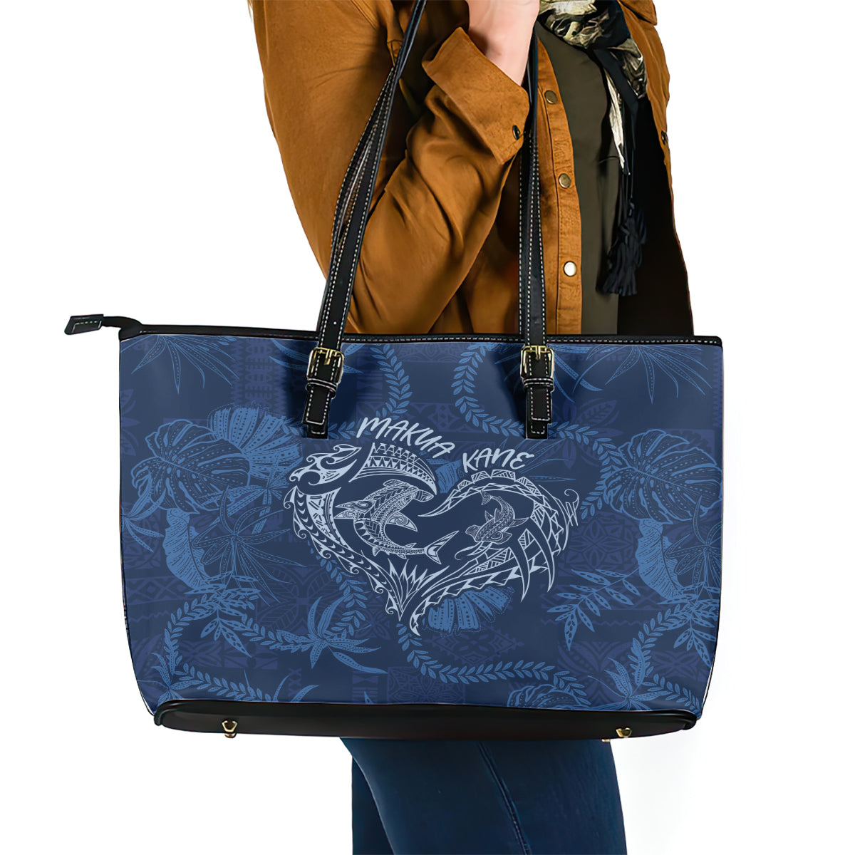 Hawaii Father's Day Vintage Lei Leather Tote Bag Hauoli la Makuakane - Blue LT7 - Polynesian Pride