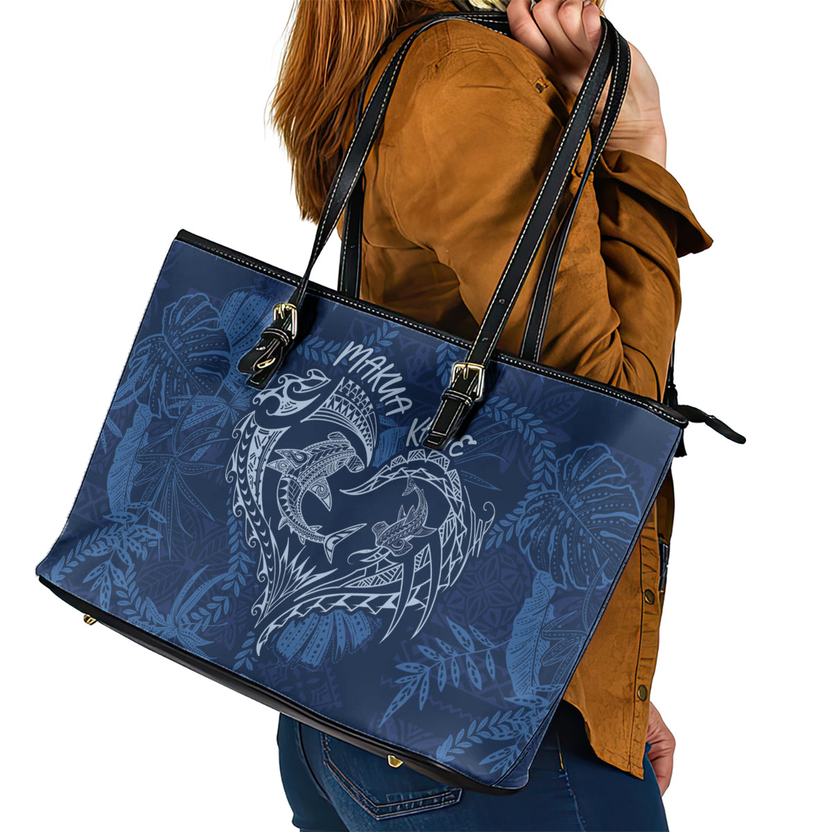 Hawaii Father's Day Vintage Lei Leather Tote Bag Hauoli la Makuakane - Blue LT7 - Polynesian Pride