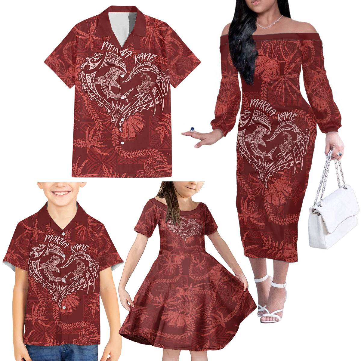 Hawaii Father's Day Vintage Lei Family Matching Off The Shoulder Long Sleeve Dress and Hawaiian Shirt Hauoli la Makuakane - Red LT7 - Polynesian Pride