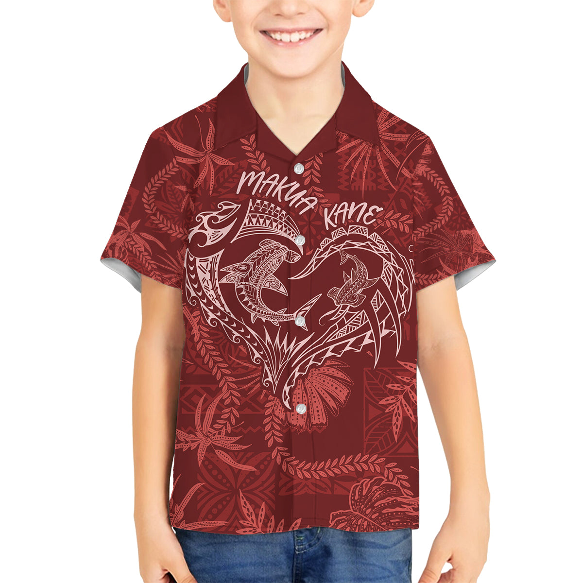 Hawaii Father's Day Vintage Lei Family Matching Off The Shoulder Long Sleeve Dress and Hawaiian Shirt Hauoli la Makuakane - Red LT7 Son's Shirt Red - Polynesian Pride