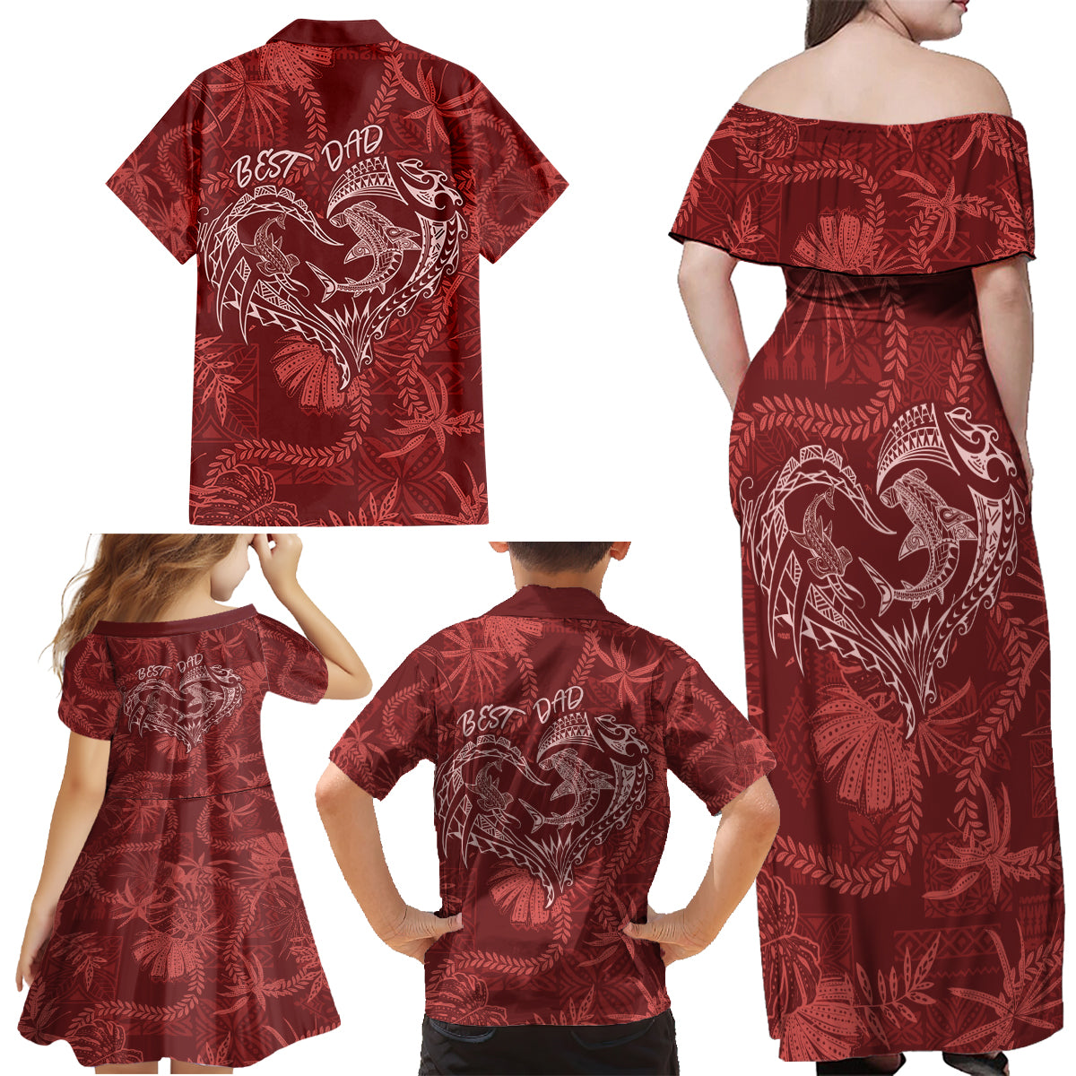 Hawaii Father's Day Vintage Lei Family Matching Off Shoulder Maxi Dress and Hawaiian Shirt Hauoli la Makuakane - Red