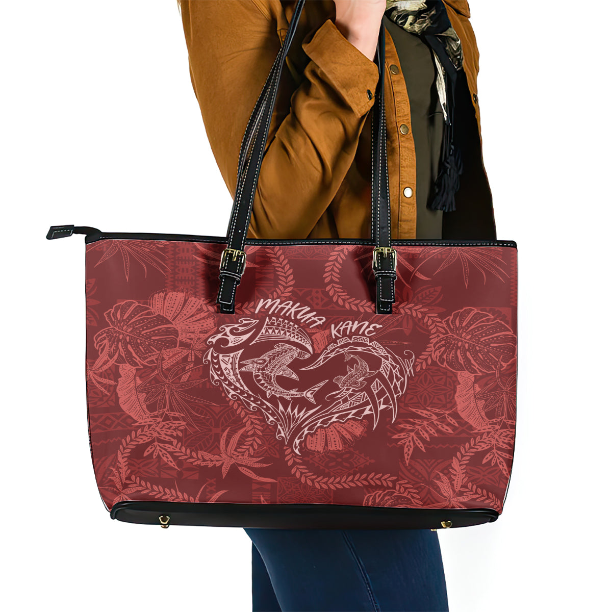 Hawaii Father's Day Vintage Lei Leather Tote Bag Hauoli la Makuakane - Red LT7 - Polynesian Pride