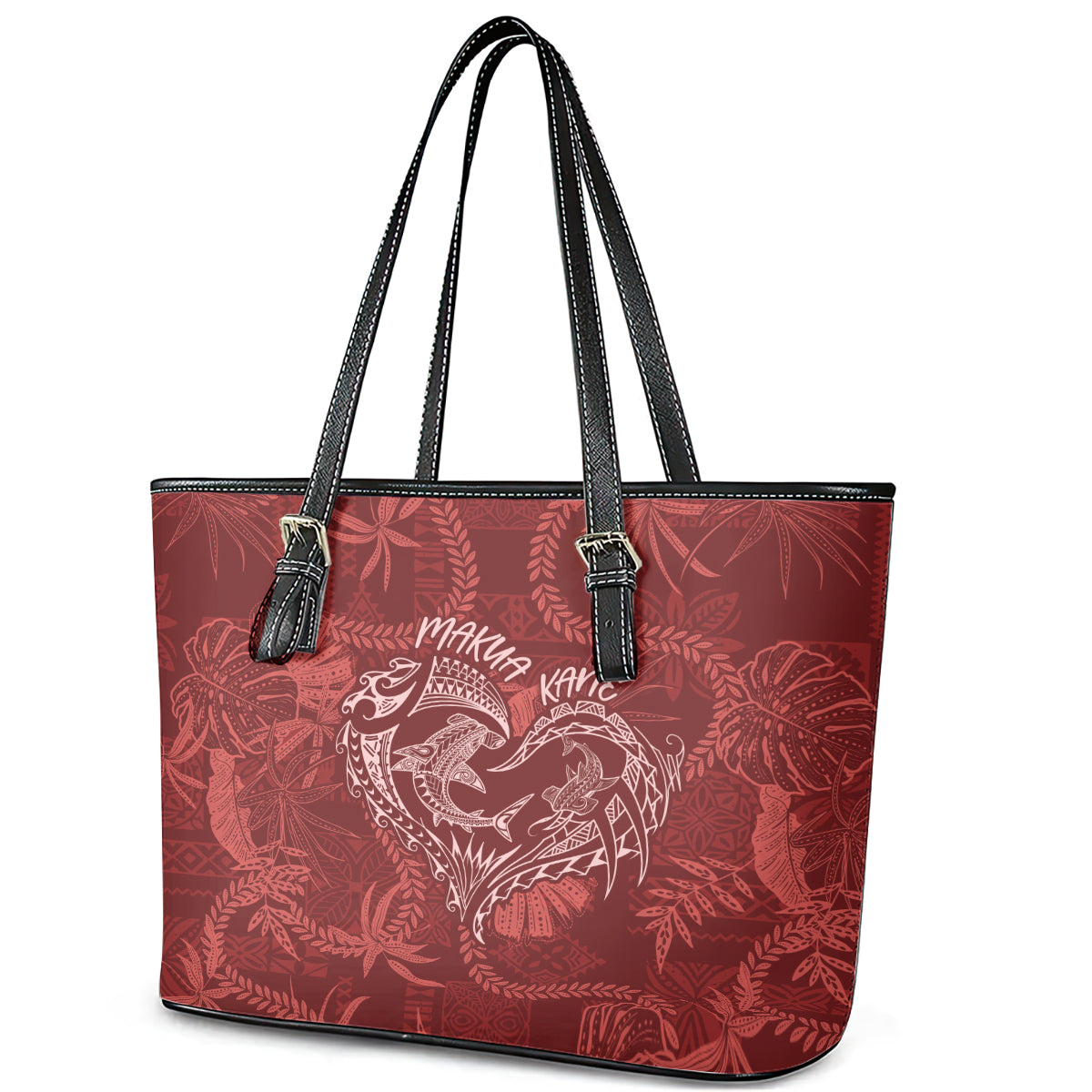 Hawaii Father's Day Vintage Lei Leather Tote Bag Hauoli la Makuakane - Red LT7 - Polynesian Pride