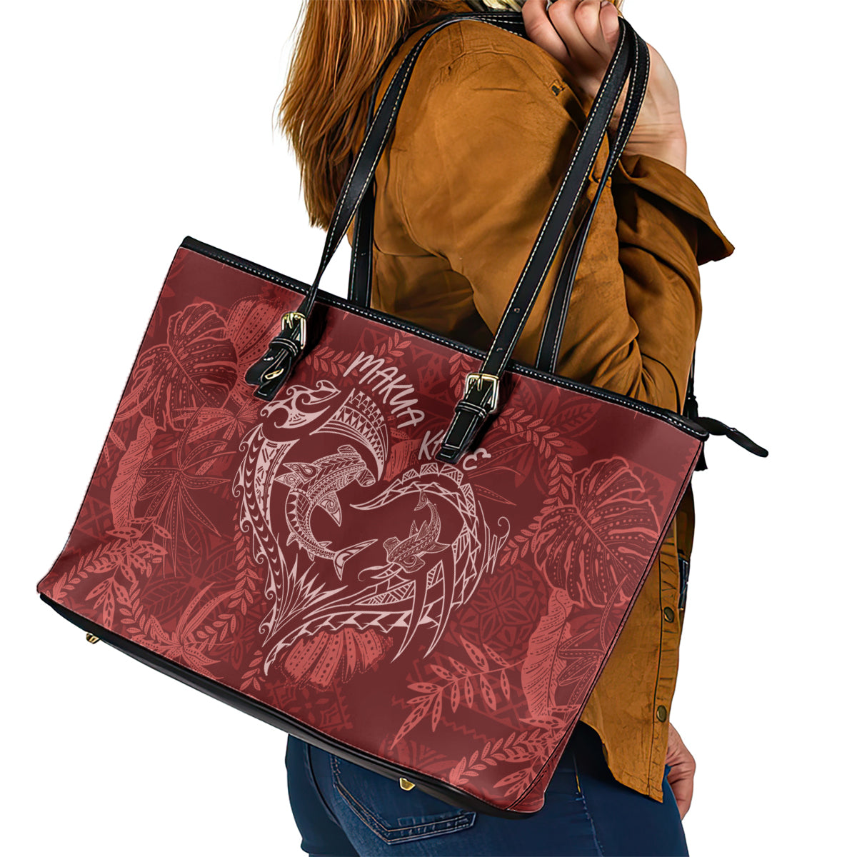 Hawaii Father's Day Vintage Lei Leather Tote Bag Hauoli la Makuakane - Red LT7 - Polynesian Pride