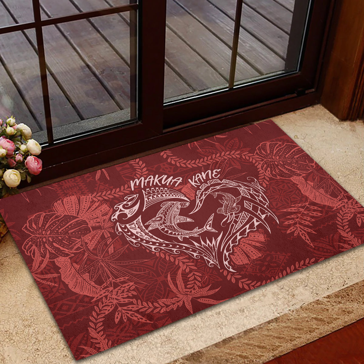 Hawaii Father's Day Vintage Lei Rubber Doormat Hauoli la Makuakane - Red LT7 - Polynesian Pride