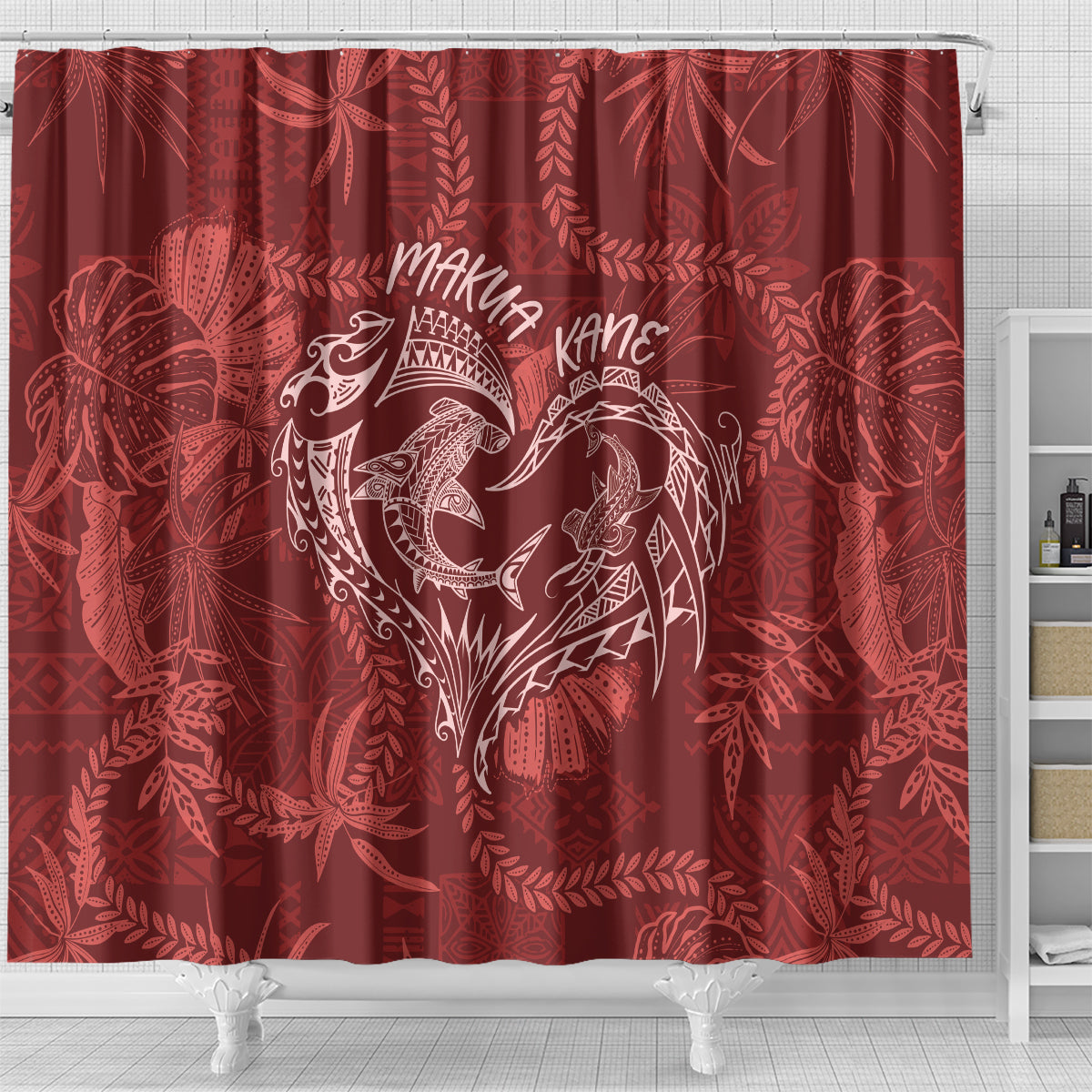 Hawaii Father's Day Vintage Lei Shower Curtain Hauoli la Makuakane - Red