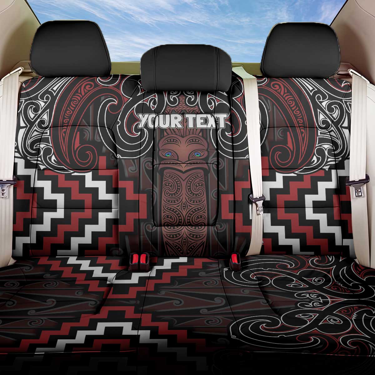 Maori Taiaha Whakairo Personalized Back Car Seat Cover Red Poutama Motifs