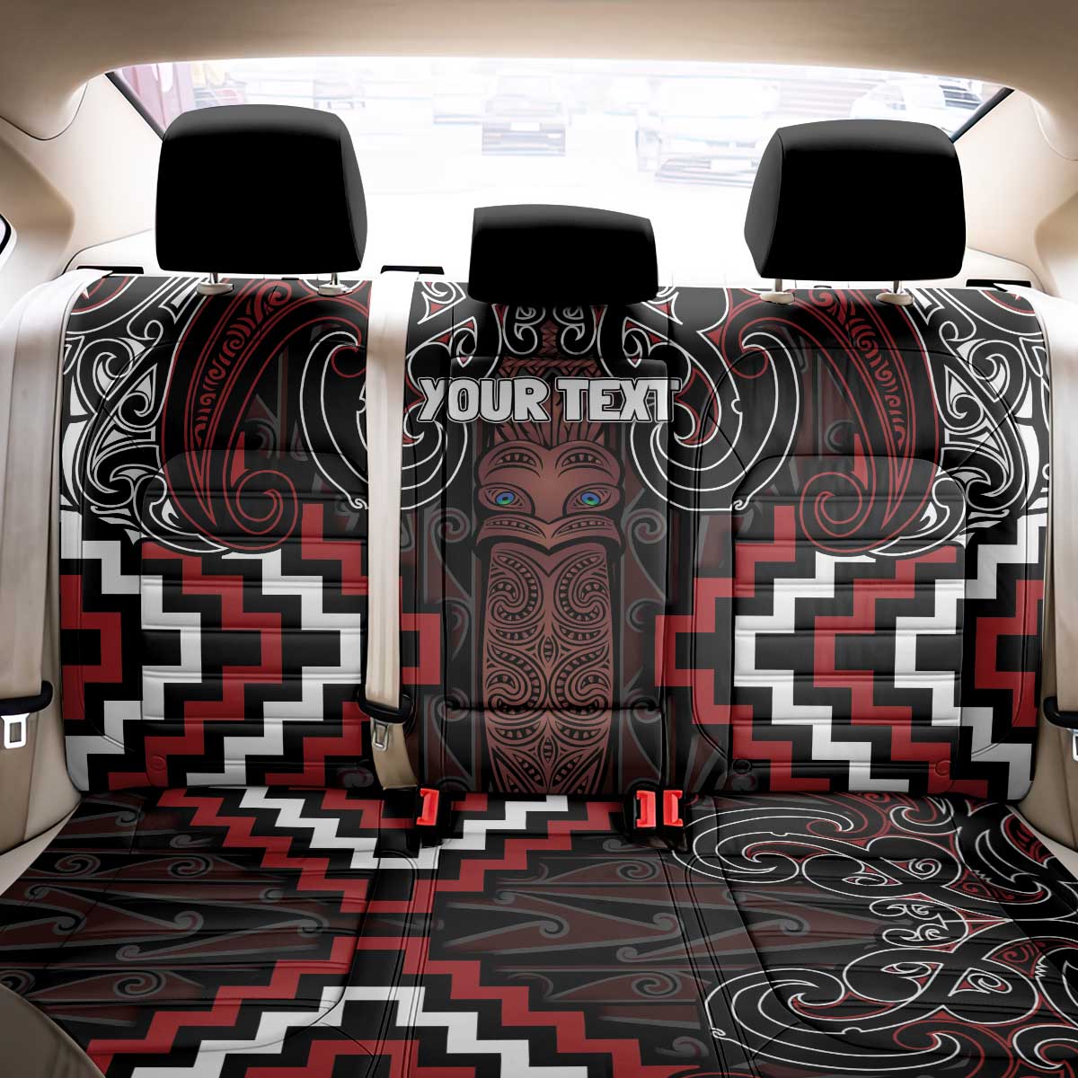Maori Taiaha Whakairo Personalized Back Car Seat Cover Red Poutama Motifs