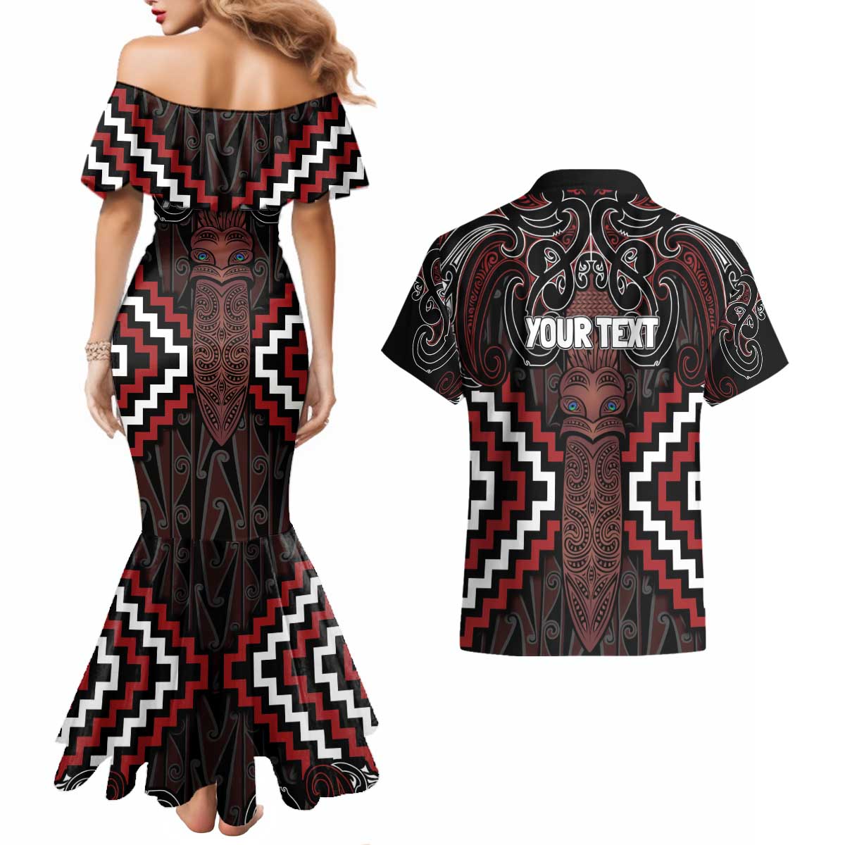 Maori Taiaha Whakairo Personalized Couples Matching Mermaid Dress and Hawaiian Shirt Red Poutama Motifs
