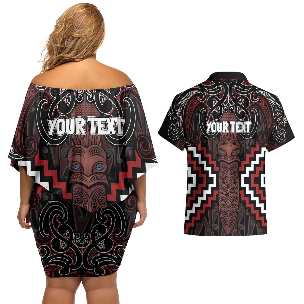 Maori Taiaha Whakairo Personalized Couples Matching Off Shoulder Short Dress and Hawaiian Shirt Red Poutama Motifs