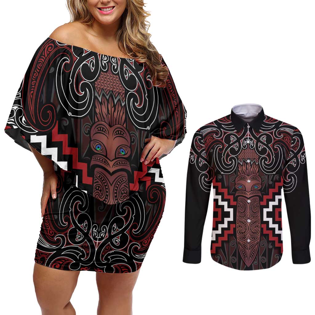 Maori Taiaha Whakairo Personalized Couples Matching Off Shoulder Short Dress and Long Sleeve Button Shirt Red Poutama Motifs