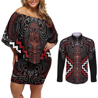 Maori Taiaha Whakairo Personalized Couples Matching Off Shoulder Short Dress and Long Sleeve Button Shirt Red Poutama Motifs
