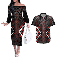 Maori Taiaha Whakairo Personalized Couples Matching Off The Shoulder Long Sleeve Dress and Hawaiian Shirt Red Poutama Motifs