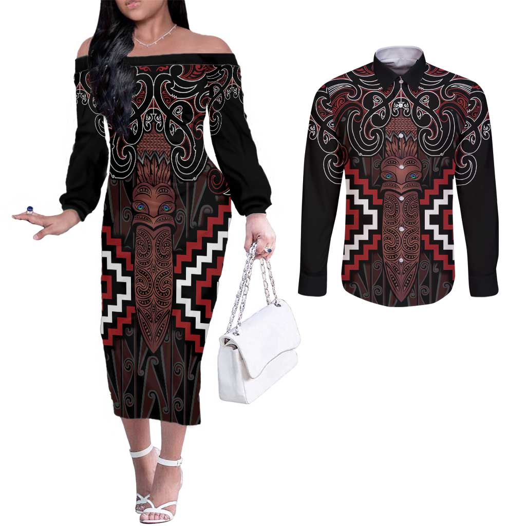 Maori Taiaha Whakairo Personalized Couples Matching Off The Shoulder Long Sleeve Dress and Long Sleeve Button Shirt Red Poutama Motifs