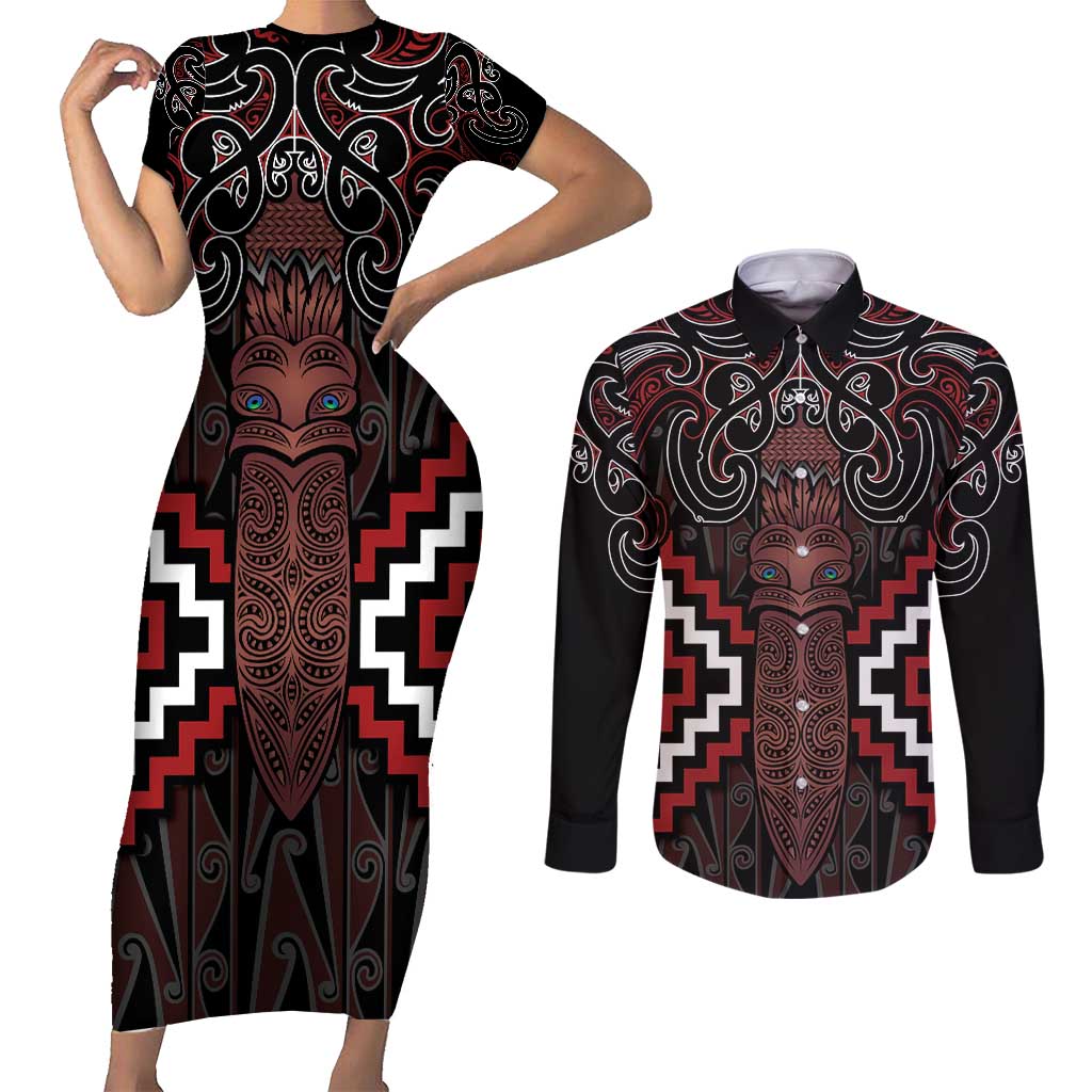 Maori Taiaha Whakairo Personalized Couples Matching Short Sleeve Bodycon Dress and Long Sleeve Button Shirt Red Poutama Motifs