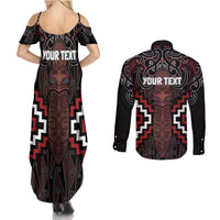 Maori Taiaha Whakairo Personalized Couples Matching Summer Maxi Dress and Long Sleeve Button Shirt Red Poutama Motifs