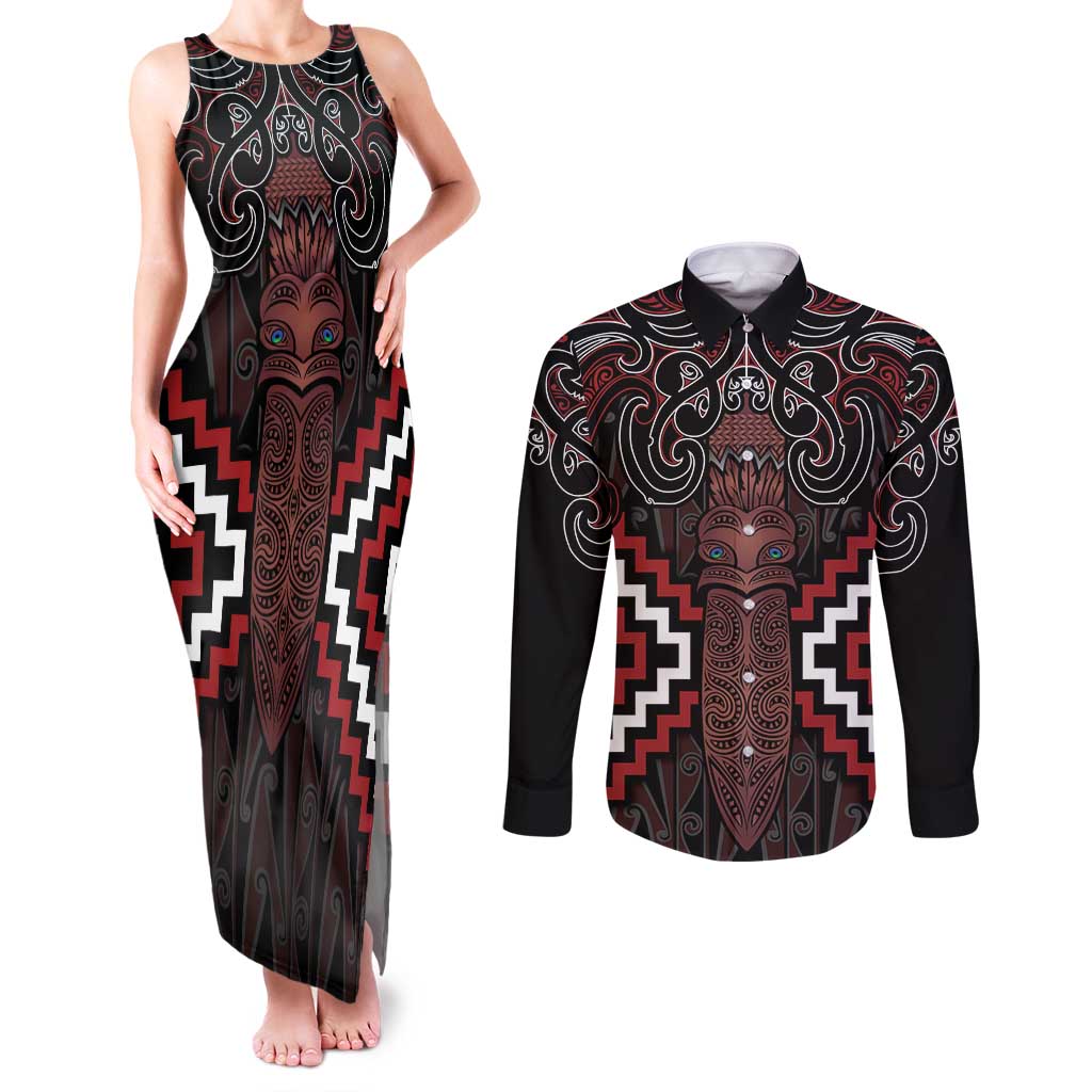 Maori Taiaha Whakairo Personalized Couples Matching Tank Maxi Dress and Long Sleeve Button Shirt Red Poutama Motifs