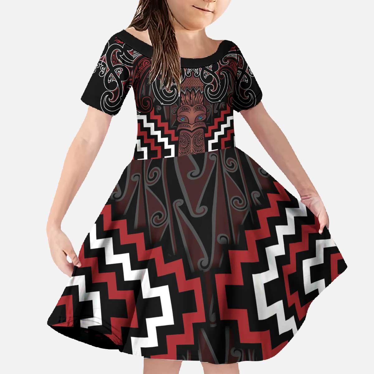 Maori Taiaha Whakairo Personalized Family Matching Off The Shoulder Long Sleeve Dress and Hawaiian Shirt Red Poutama Motifs