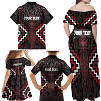 Maori Taiaha Whakairo Personalized Family Matching Off Shoulder Maxi Dress and Hawaiian Shirt Red Poutama Motifs