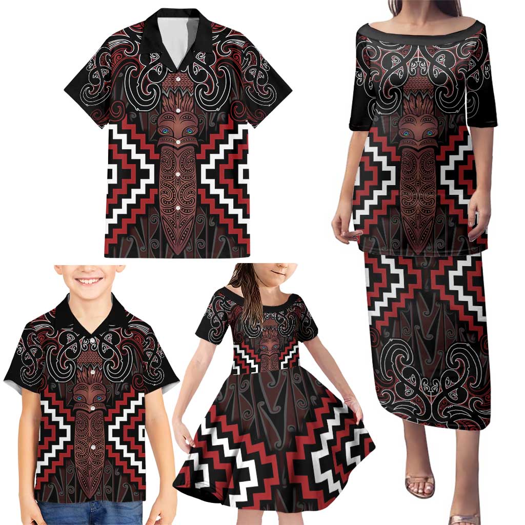 Maori Taiaha Whakairo Personalized Family Matching Puletasi and Hawaiian Shirt Red Poutama Motifs