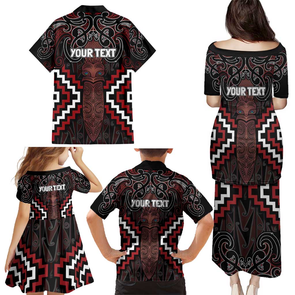 Maori Taiaha Whakairo Personalized Family Matching Puletasi and Hawaiian Shirt Red Poutama Motifs