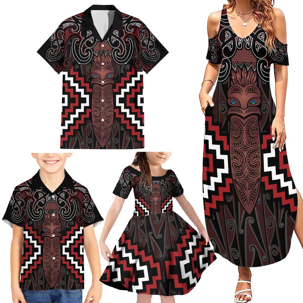 Maori Taiaha Whakairo Personalized Family Matching Summer Maxi Dress and Hawaiian Shirt Red Poutama Motifs
