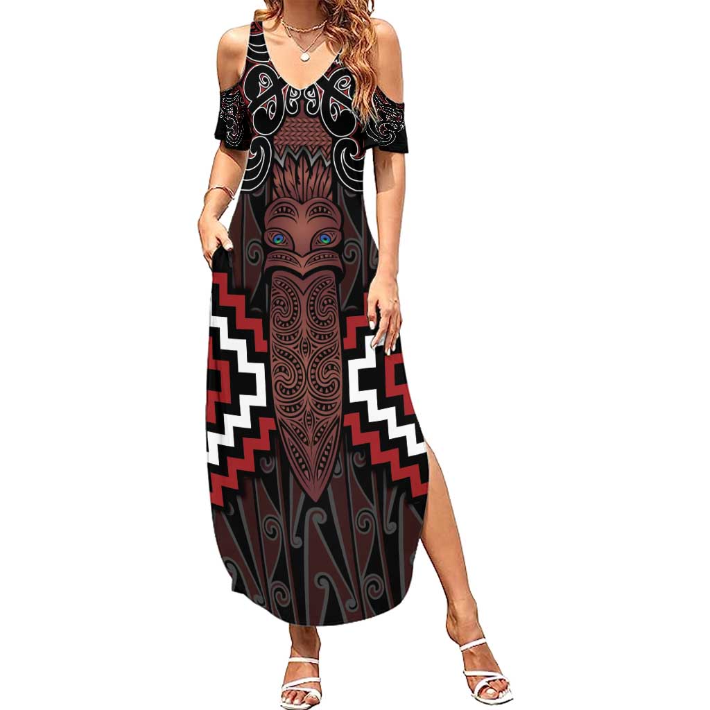 Maori Taiaha Whakairo Personalized Family Matching Summer Maxi Dress and Hawaiian Shirt Red Poutama Motifs