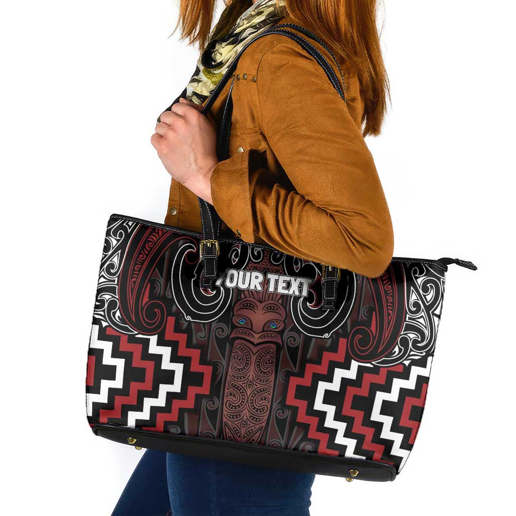Maori Taiaha Whakairo Personalized Leather Tote Bag Red Poutama Motifs