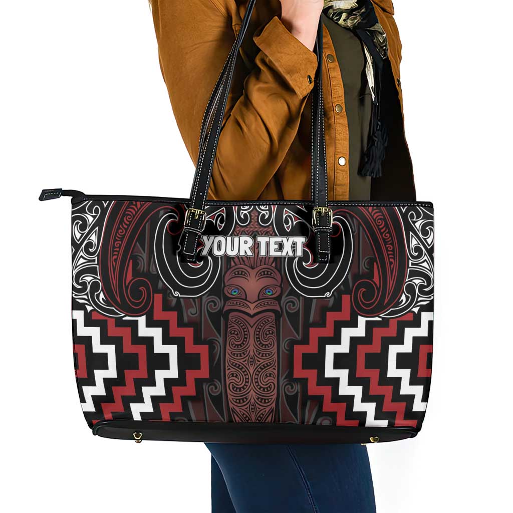 Maori Taiaha Whakairo Personalized Leather Tote Bag Red Poutama Motifs