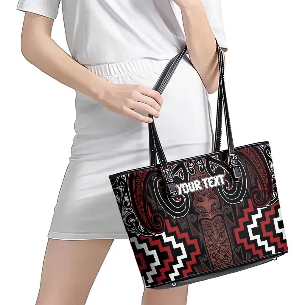 Maori Taiaha Whakairo Personalized Leather Tote Bag Red Poutama Motifs