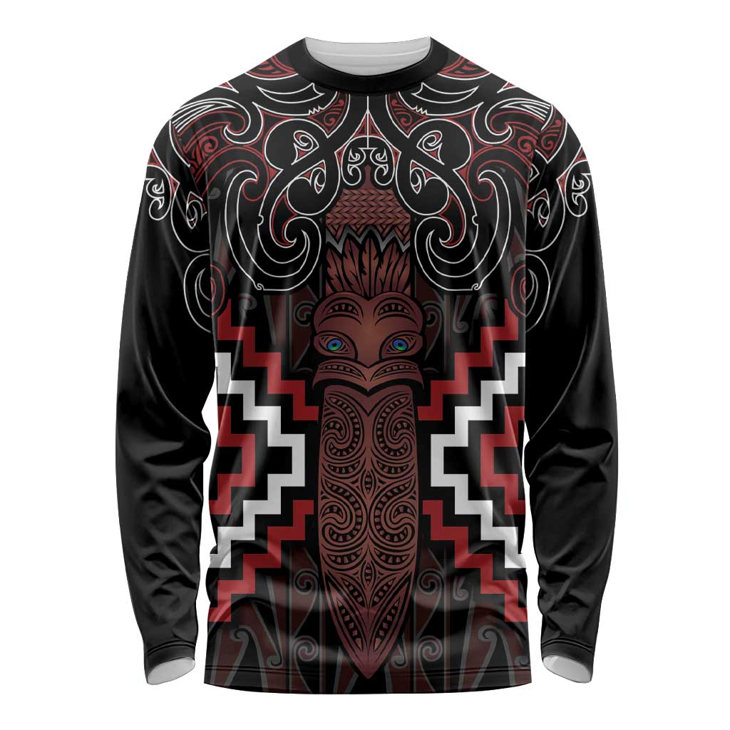 Maori Taiaha Whakairo Personalized Long Sleeve Shirt Red Poutama Motifs