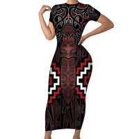 Maori Taiaha Whakairo Personalized Short Sleeve Bodycon Dress Red Poutama Motifs