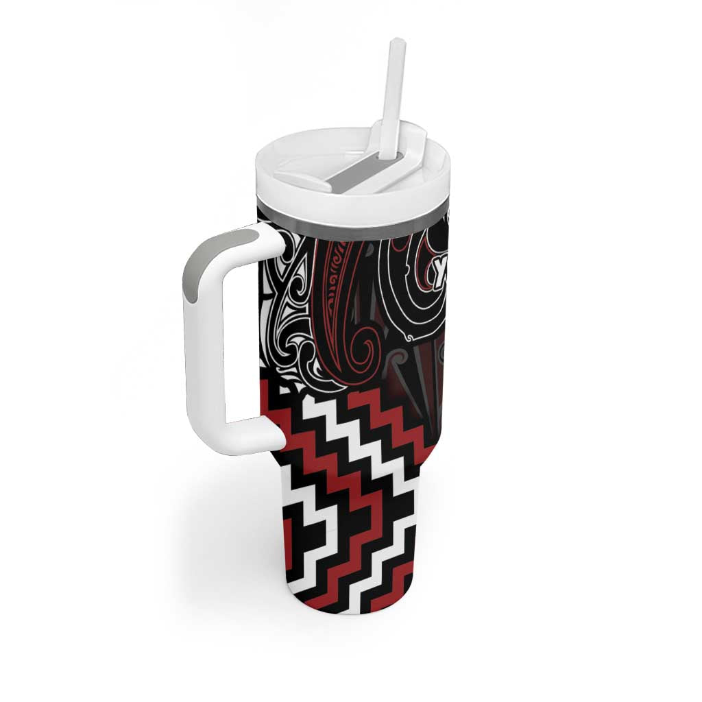 Maori Taiaha Whakairo Personalized Tumbler With Handle Red Poutama Motifs