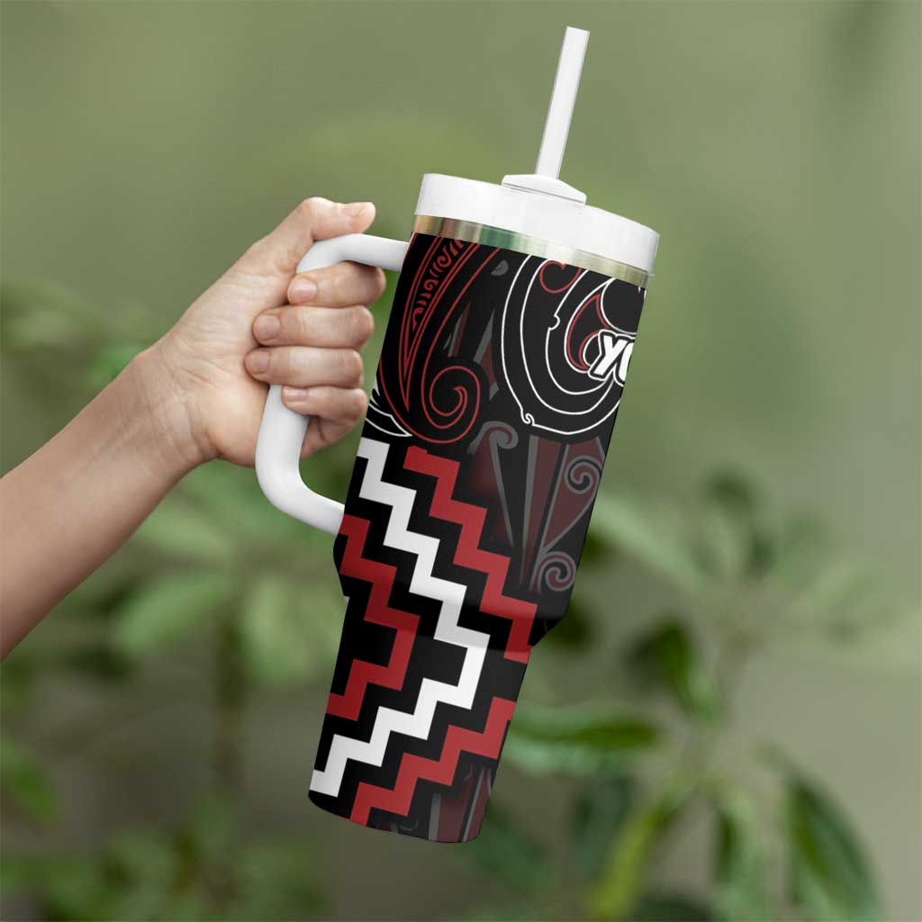 Maori Taiaha Whakairo Personalized Tumbler With Handle Red Poutama Motifs