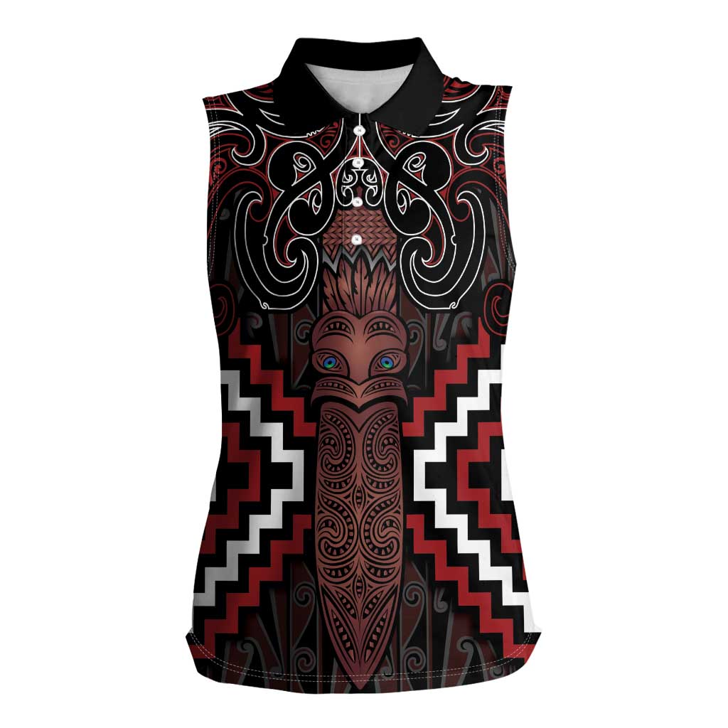 Maori Taiaha Whakairo Personalized Women Sleeveless Polo Shirt Red Poutama Motifs
