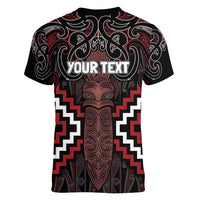 Maori Taiaha Whakairo Personalized Women V-Neck T-Shirt Red Poutama Motifs