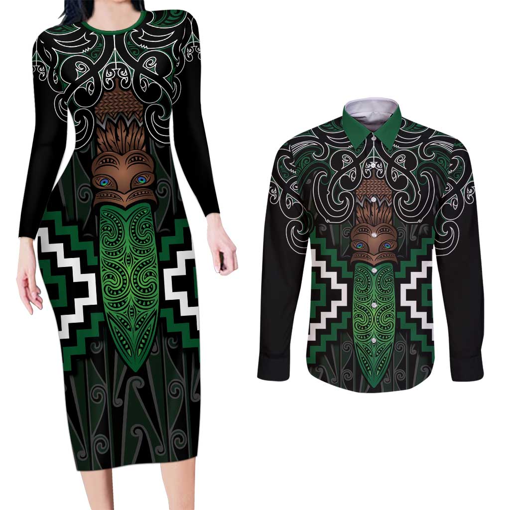 Maori Taiaha Pounamu Whakairo Personalized Couples Matching Long Sleeve Bodycon Dress and Long Sleeve Button Shirt Jade Poutama Motifs