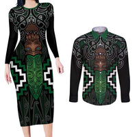 Maori Taiaha Pounamu Whakairo Personalized Couples Matching Long Sleeve Bodycon Dress and Long Sleeve Button Shirt Jade Poutama Motifs