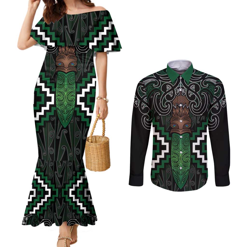 Maori Taiaha Pounamu Whakairo Personalized Couples Matching Mermaid Dress and Long Sleeve Button Shirt Jade Poutama Motifs