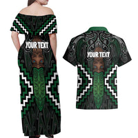 Maori Taiaha Pounamu Whakairo Personalized Couples Matching Off Shoulder Maxi Dress and Hawaiian Shirt Jade Poutama Motifs