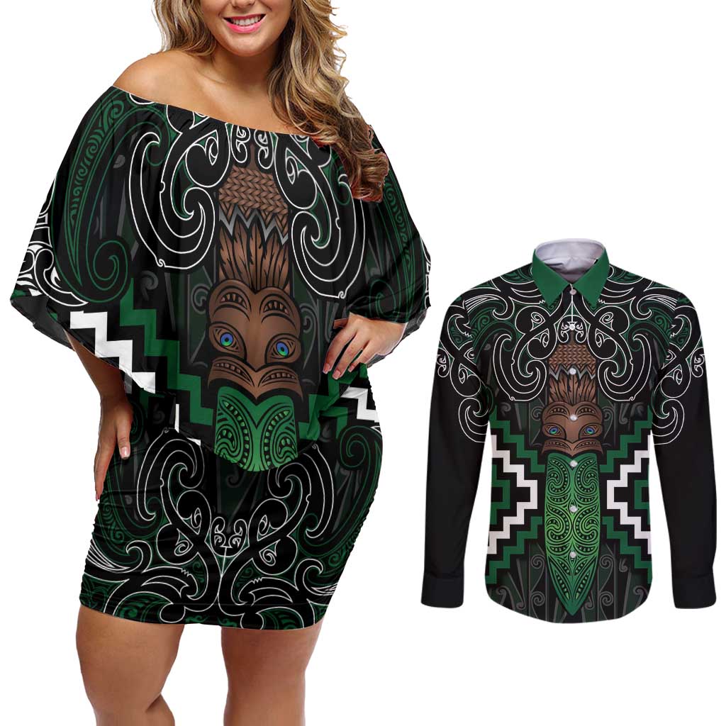 Maori Taiaha Pounamu Whakairo Personalized Couples Matching Off Shoulder Short Dress and Long Sleeve Button Shirt Jade Poutama Motifs