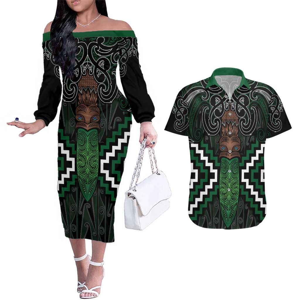 Maori Taiaha Pounamu Whakairo Personalized Couples Matching Off The Shoulder Long Sleeve Dress and Hawaiian Shirt Jade Poutama Motifs