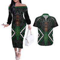 Maori Taiaha Pounamu Whakairo Personalized Couples Matching Off The Shoulder Long Sleeve Dress and Hawaiian Shirt Jade Poutama Motifs