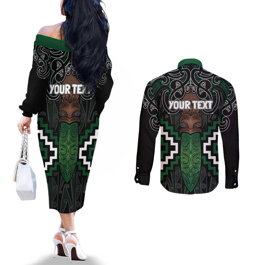 Maori Taiaha Pounamu Whakairo Personalized Couples Matching Off The Shoulder Long Sleeve Dress and Long Sleeve Button Shirt Jade Poutama Motifs