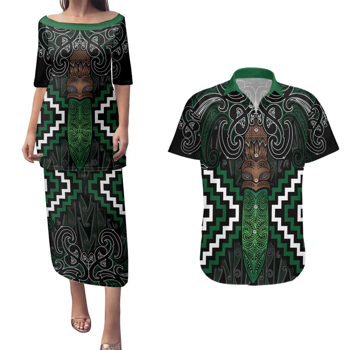 Maori Taiaha Pounamu Whakairo Personalized Couples Matching Puletasi and Hawaiian Shirt Jade Poutama Motifs