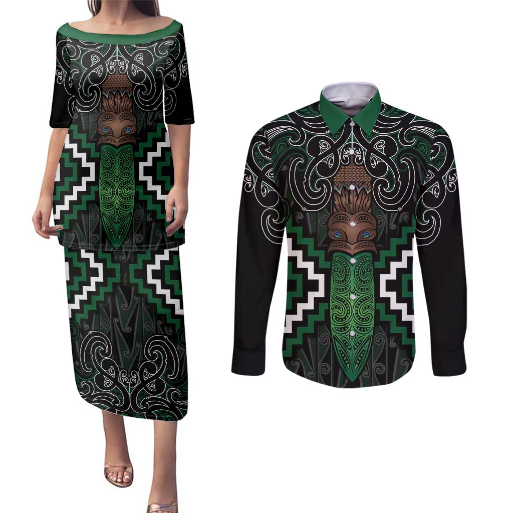 Maori Taiaha Pounamu Whakairo Personalized Couples Matching Puletasi and Long Sleeve Button Shirt Jade Poutama Motifs