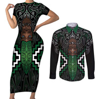 Maori Taiaha Pounamu Whakairo Personalized Couples Matching Short Sleeve Bodycon Dress and Long Sleeve Button Shirt Jade Poutama Motifs