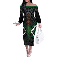 Maori Taiaha Pounamu Whakairo Personalized Family Matching Off The Shoulder Long Sleeve Dress and Hawaiian Shirt Jade Poutama Motifs