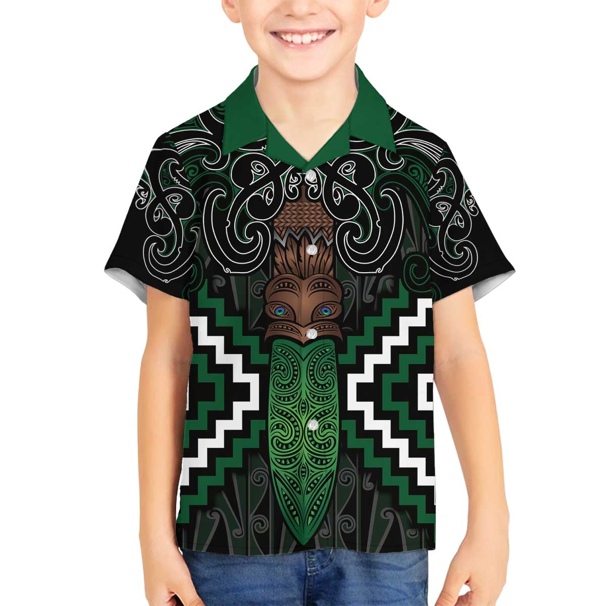 Maori Taiaha Pounamu Whakairo Personalized Family Matching Off The Shoulder Long Sleeve Dress and Hawaiian Shirt Jade Poutama Motifs